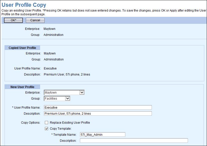 Figure 37 User Profile Copy Page 7. Select the target Enterprise and the target Group from the drop-down lists. In this case, the target group is in the same enterprise.