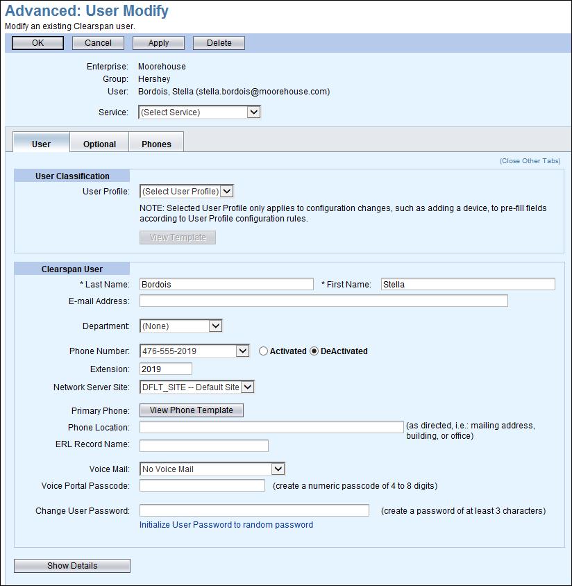 Figure 39 Advanced: User Modify Page, User Tab Users Tab 1. Select a User Profile from under the User Classification section drop-down list if desired.