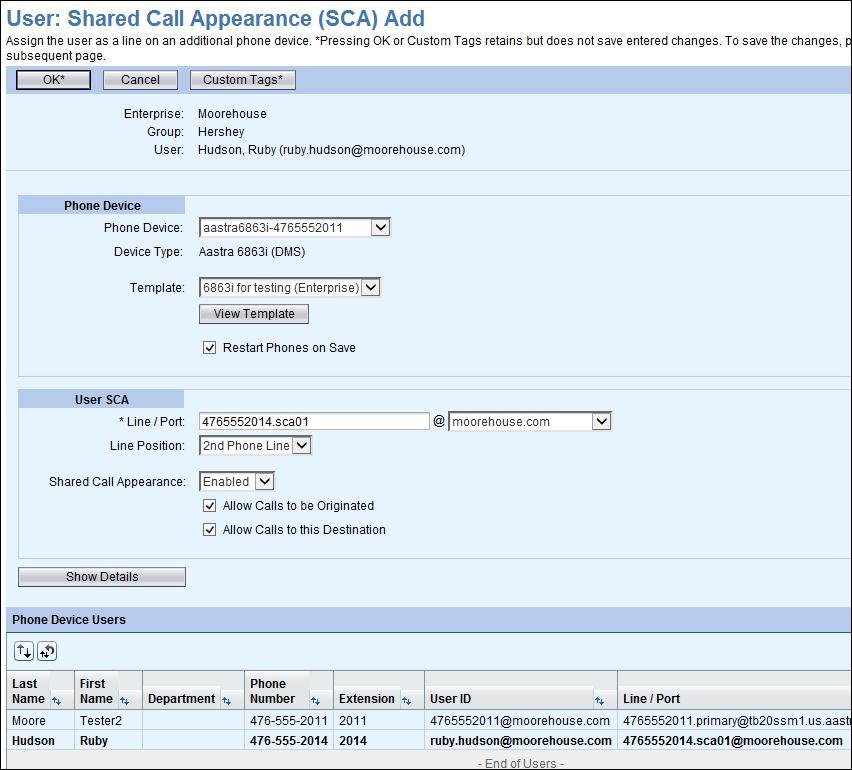 Figure 45 User: Shared Call Appearance (SCA) Add Page 8. The Template is automatically filled in from the existing information. However, you can change it to a template that will accommodate the SCA.