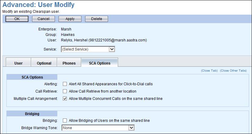 15. Click the SCA Options button on the Phones tab if you want to change any of the following options that apply to all SCAs: Alert All Shared Appearances for Click-to-Dial calls Allow Call Retrieve