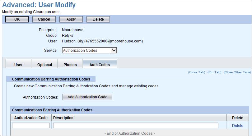Figure 50 Advanced: User Modify Page Auth Codes Tab 7. Click Add Authorization Code. 8. To add a code, enter an Authorization Code and Description. Click Delete to delete an existing code. 9.