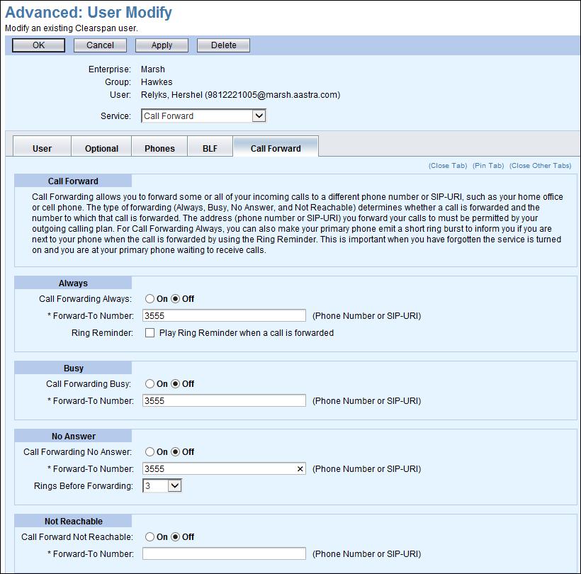 Figure 54 Advanced: User Modify Page Call Forward Tab 7. Click On for Call Forwarding Always to have calls always forwarded, and enter a number or SIP-URI for the Forward-To Number destination.