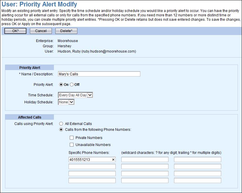 6. Select Priority Alert from the Service drop-down list. 7. Click Add Priority Alert. The User: Priority Alert page displays as shown in the following example.