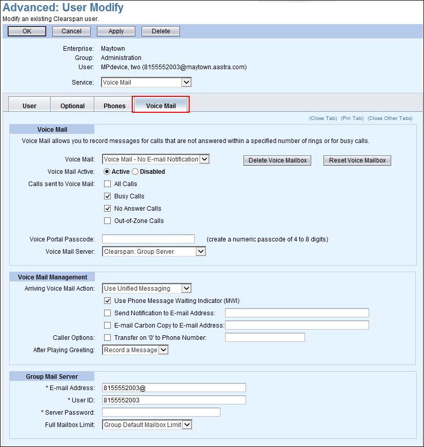 Figure 62 Advanced: User Modify Page Voice Mail Tab 7. If Voice Mail is enabled, you can click Delete Voice Mailbox to remove the Voice Mail account without deleting the user.
