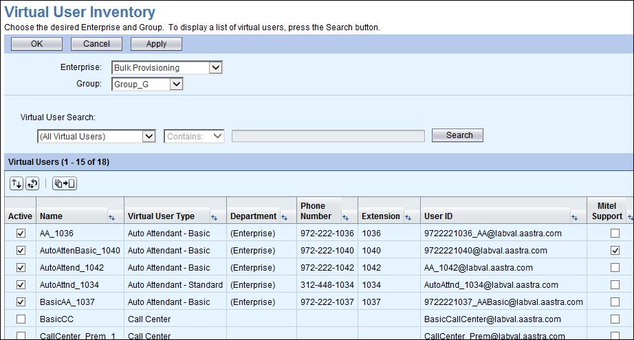 VIRTUAL USER INVENTORY The Virtual User Inventory allows you to search and display the inventory of all virtual users in Clearspan. 1.