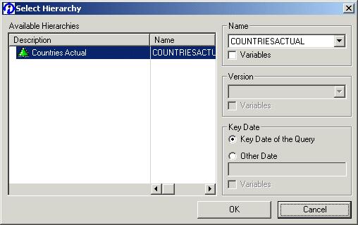 Reporting off BW Queries 3 9. In the Available Hierarchies list, select Countries Actual and click OK. You are returned to the "Characteristic Properties" dialog box. 10.