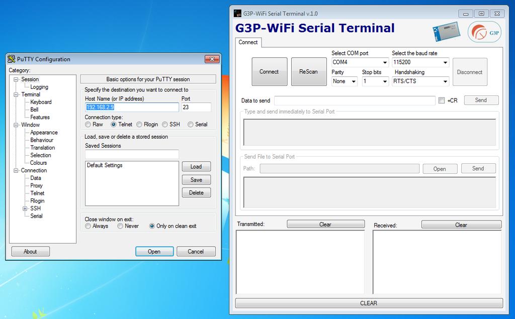Open the TCP/IP connection on Putty and connect to the serial port with G3P-WiFi Serial