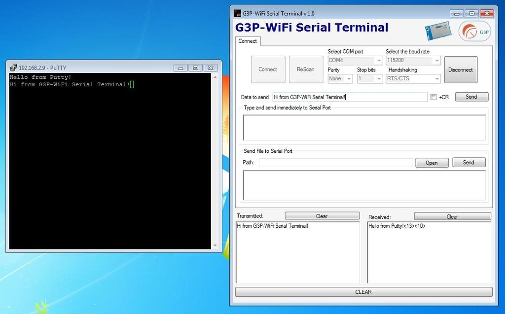 Type something on Putty and press enter, you should see on the Received field of the G3P-WiFi