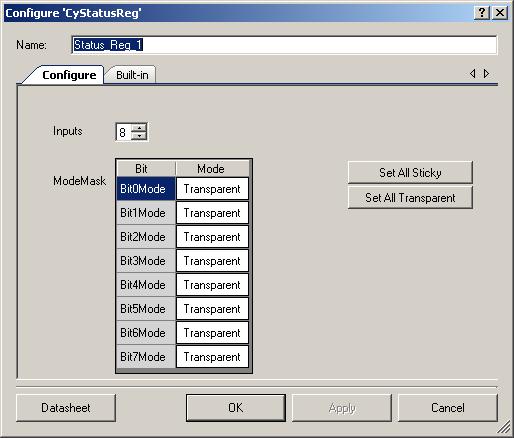 PSoC Creator Component Datasheet Component Parameters Drag a onto your design and double-click it to open the Configure dialog. Inputs Number of input terminals (1 to 8). The default value is 8.