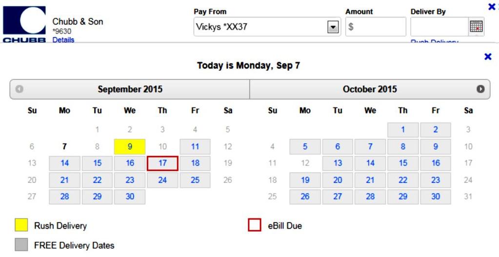Dates in Yellow represent Rush Delivery Dates (a fee applies) BLUE represent dates available to receive payment, there is No fee for a Blue date.
