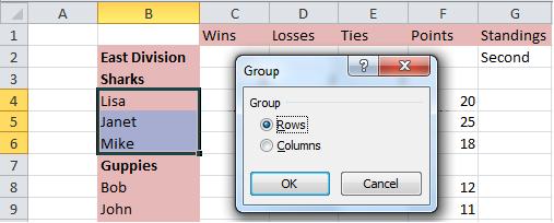 If you select the Rows radio button and click OK, Excel will provide an outline indicator and
