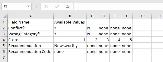 Name and Available Values for entry in each field.