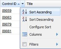 options. To sort by the selected column, choose either Sort Ascending or Sort Descending.