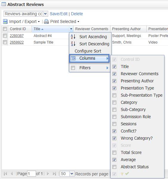 Clarivate Analytics ScholarOne Abstracts Reviewer User Guide Page 7 Reorder Columns You may re-order the columns in your view by dragging and dropping the column header.