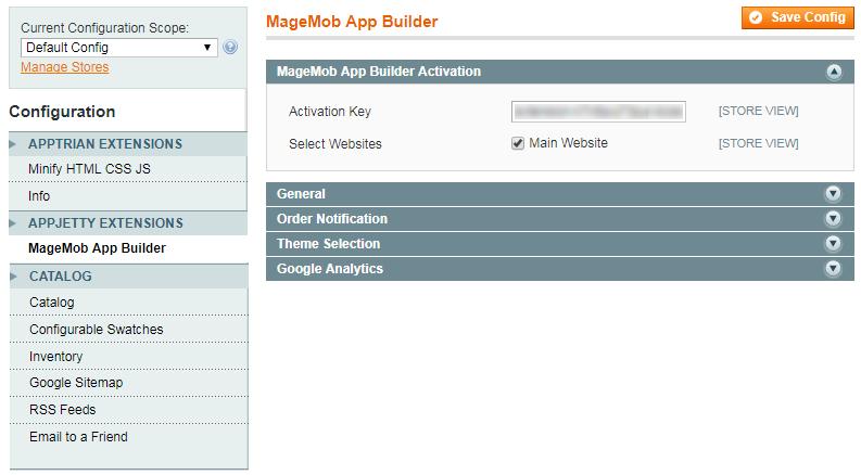 Step 6: Use Extension Go to System -> Configuration. In the left column you will see the new tab called APPJETTY EXTENSIONS. You will find MageMob App Builder under APPJETTY EXTENSIONS tab.