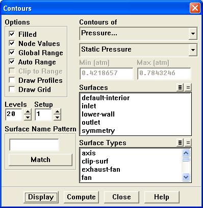 11. Display the steady flow contours of static pressure (Figure 4.5). Display Contours... (a) Enable Filled in the Options group box.
