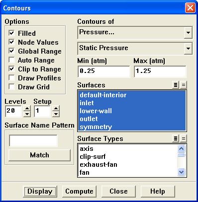 iv. Select Contours in the Display Type group box. The Contours panel will open. A. Make sure that Filled is selected under Options. B. Deselect Auto Range. C. Retain the default selections of Pressure.