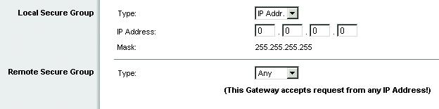 To allow access to the entire IP subnet, enter 0 for the last set of IP Addresses. (e.g. 192.168.1.0). IP Addr. Enter the IP Address of the remote VPN router. The Mask will be displayed. Host.
