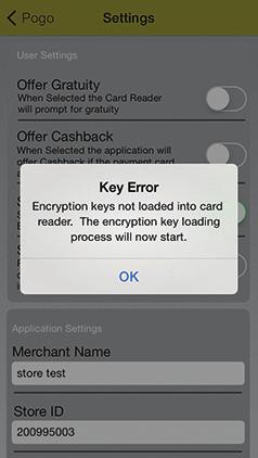 Sale Screen Remote Key Injection During a payment, checks are run for valid security keys within the card reader. In the unlikely event of problems with this process you will see the message below.