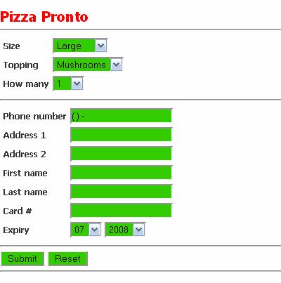(b) [10 points] Use CSS to give a red color to the Pizza Pronto header and a green color to the backgrounds of the buttons, text inputs, and drop down lists, as shown below.