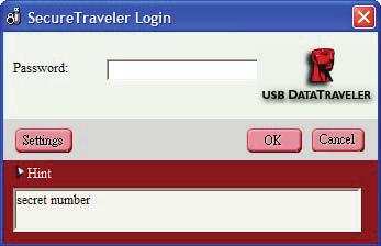 Figure 14: Privacy Zone Login Screen, Displaying Hint Note: If you do not know or remember your password, the only option will be to reformat the DataTraveler II + Migo and create a new privacy zone.