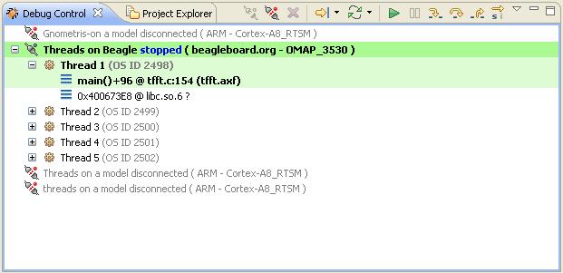 DS-5 Debug perspective and views Figure 10-7 Debug Control view 10.5.1 Toolbar and context menu options The following options are available from the toolbar or context menu: Connect to Target Connect