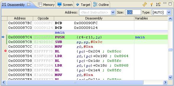 DS-5 Debug perspective and views 10.6 Disassembly view This view enables you to: See a disassembly view of the target memory. Specify the start address for the Disassembly view.