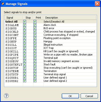 DS-5 Debug perspective and views 10.14 Manage Signals dialog box This dialog box enables you to control the handler settings for one or more signals.