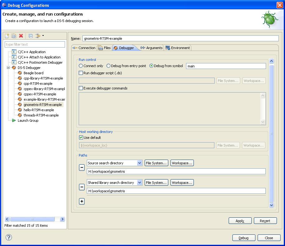 Debugging embedded applications Figure 6-4 Modifying the shared library search paths For more information on the options in the Debug Configurations dialog box, see the dynamic help. 6.3.