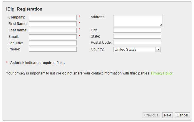 Continue filling in all required fields of the idigi Registration Form until you complete the idigi Registration process. Figure 6: New User Registration Page d.