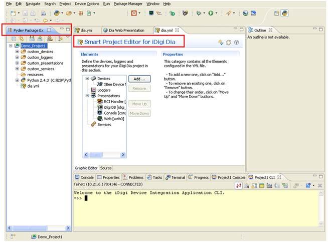 6. Once the project is created the Smart Project Editor for idigi Dia screen will be displayed. a.