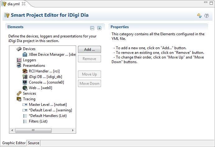 b. The main file of the project, dia.yml, will be opened and displayed in the Smart Project Editor view.