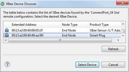 The XBee Device Discover tool will be displayed. b. Select the XBee L/T Sensor from the list within the XBee Device Discover Window, then click the Select Device button.