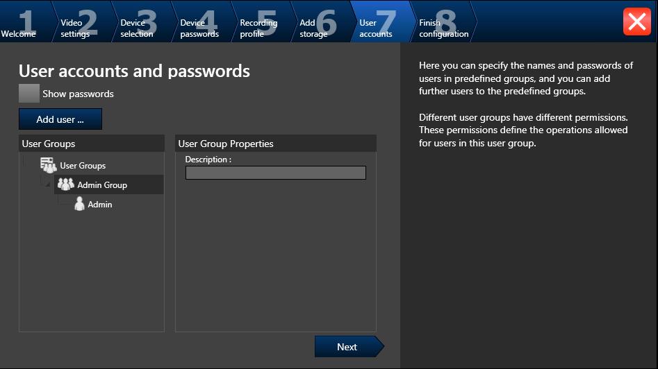 52 en Getting started Bosch Video Management System User accounts and passwords page You can add users,