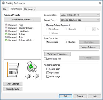 Selecting Additional Layout and Print Options - Windows You can select a variety of additional layout and printing options for your document or photo on the More Options tab. 1.