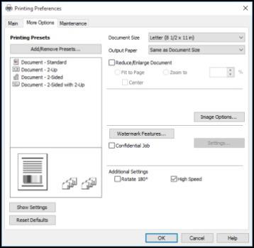 Selecting Additional Layout and Print Options - Epson Universal Print Driver - Windows You can select a variety of additional layout and printing options for your document or photo on the More