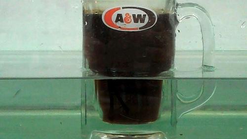 That frosty mug full of A&W root beer seems to drain so quickly. What seems like a lot of root beer is actually a lot of glass. The deception is uncovered when the root beer mug is submerged in water.