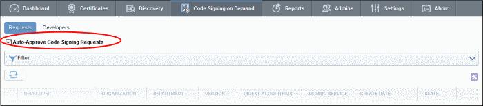 To configure the CSoD service Click the 'Code Signing on Demand' tab then 'Requests' Auto-Approve Code Signing Requests - Enable this setting if you want signing to commence without