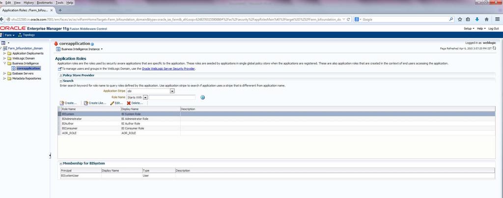 on bifoundation_domain and select Security, then click Application Roles. Figure 26. Application Roles Page 4.