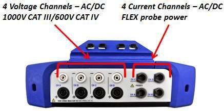 Measurement Inputs Voltage 4 differential channels CAT III 1000V, CAT IV 600V Standard safety connectors Black (+) and white (-) connectors and cables.