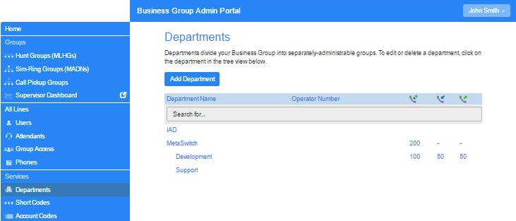 3.3 Departments Your Business Group may have a number of departments. You may be able to use the following options in the CommPortal Business Group Admin interface to view and manage your departments.