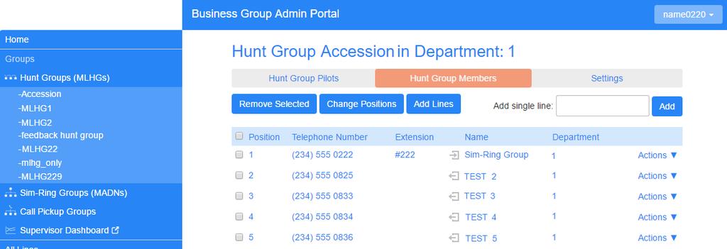 6.3 Viewing and modifying Hunt Groups To view the details of a Hunt Group and to modify its settings, select that MLHG by clicking anywhere on its entry on the Hunt Groups screen.