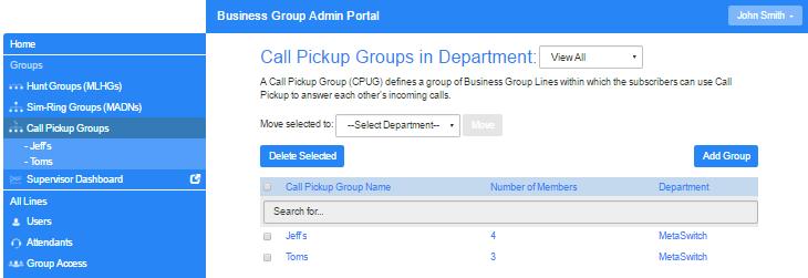 7 Managing Call Pickup Groups 7.1 Viewing Call Pickup Groups The Call Pickup Groups page displays all of the Call Pickup Groups in your department.