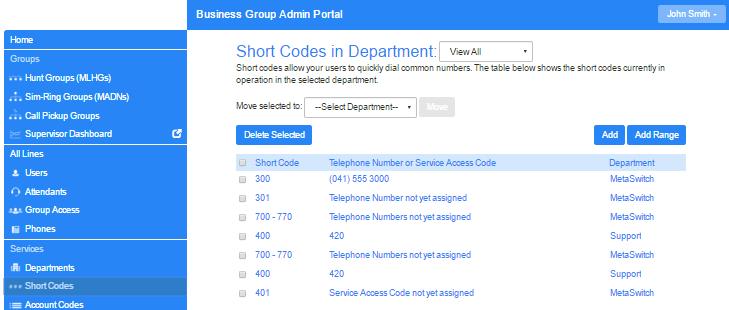 8 Managing Short Codes 8.1 Viewing Short Codes The Short Codes page displays all of the Short Codes in your department.