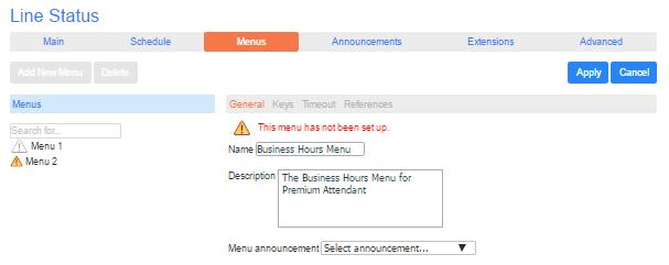 Figure 60: Premium Attendant Menus tab Begin to configure your menu by providing a name and description and selecting the Menu announcement to be used by this menu, and then click Apply.