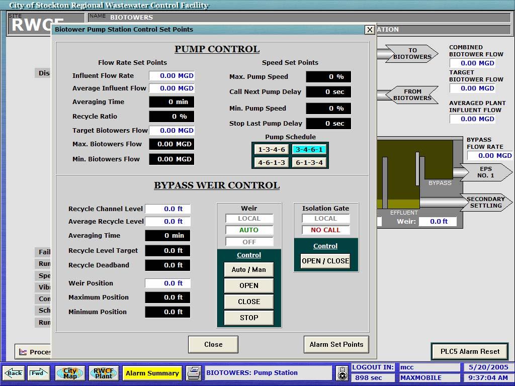 5.7 BIOTOWER Pump Station Control Set Points This screen presents control set points for the pump station. Pumps are controlled by flow rate and speed.