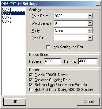 Setting up the virtual COM port parameters Click [Configure] Click the Select DOS/INT14 Settings option.