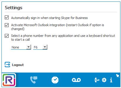 4.9 Settings The settings windw enables t cntrl several parameters: Autmatically sign in Rainbw (default ptin) when starting Skype fr Business.