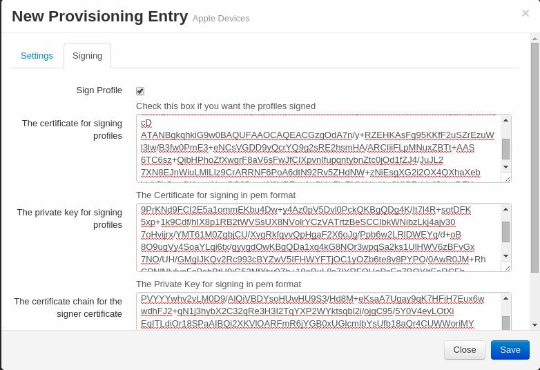 OS X/iOS require signing the provisioning profile with a Certification Authority already trusted by the device such as e.g. VeriSign.