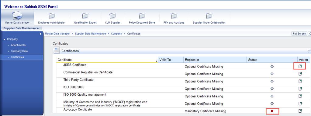 Vendor Self-Service - Data Maintenance Vendor Steps : Vendors manage their certificates here